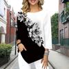 Women's Three Quarter Sleeve Round-Neck T-Shirt Loose Shirts Casual Grey Flowers Print Tee Tops