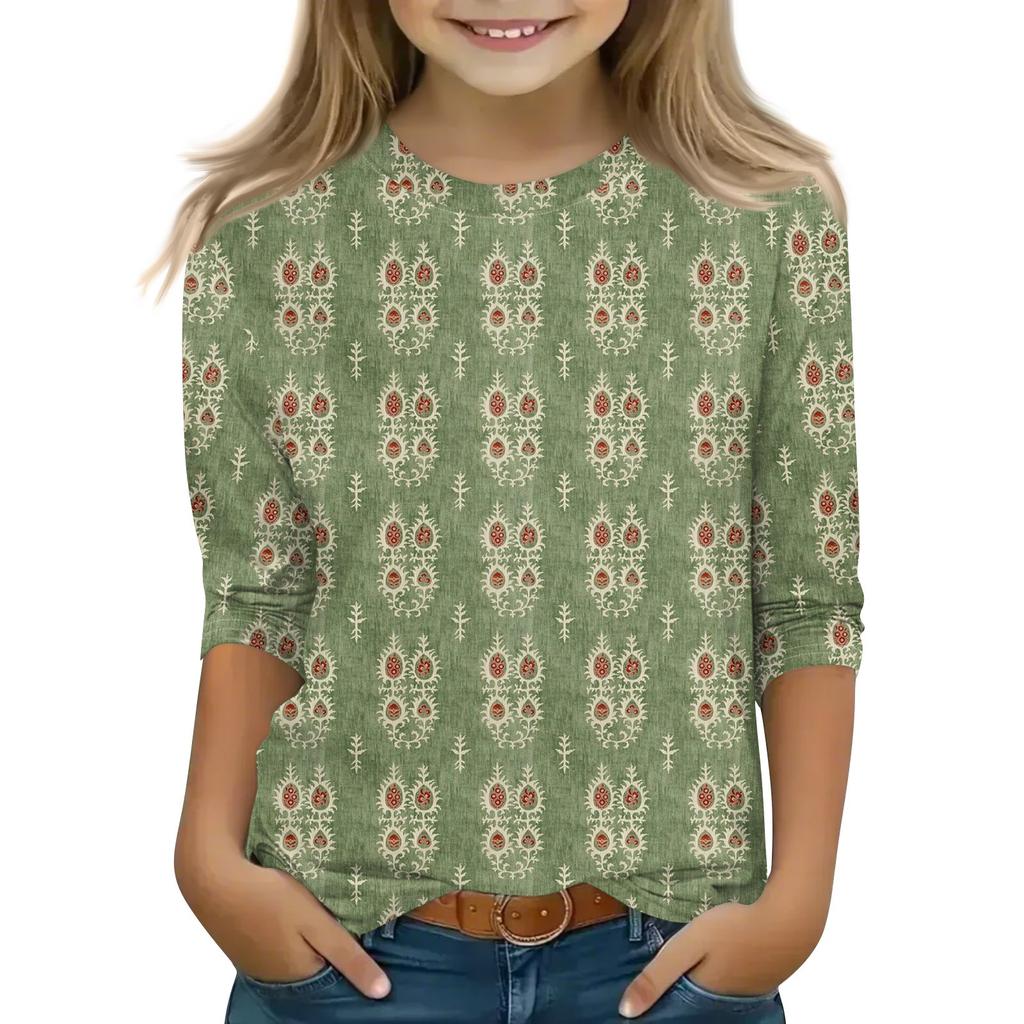 Print Tops For Youth Girls 5-16 Years Round Neck 3/4 Sleeves T-Shirts Trendy Tops Outfit Tees