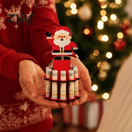 Decorative Ornament for Home Wooden Christmas Money Holder Stand, Santa Snowman Tree Cash Rustic Wood Table Decorations Clip Display, Festive Holiday