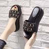 6cm High-heeled Rhinestone Slippers Women Summer Wear All-match Rivets Thick-soled One-word Drag High-heeled Shoes Crystal Sequins