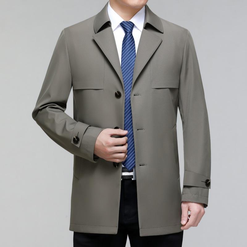 Мужская ветровка средней длины, куртка для делового повседневного ношения, для мужчин среднего возраста, простое пальто с лацканами, устойчивое к морщинам