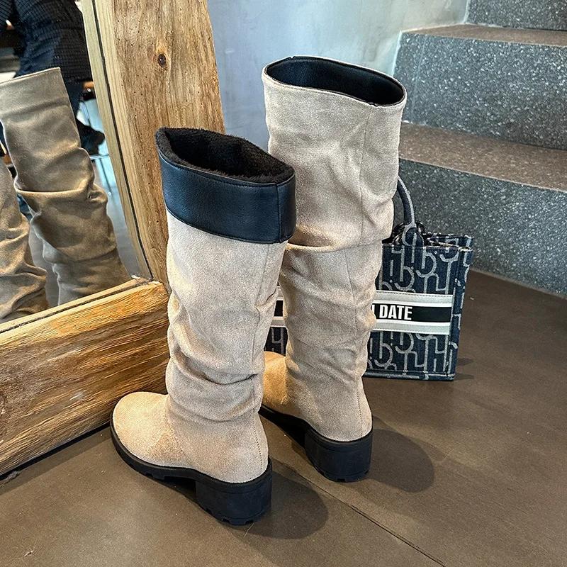 Женские сапоги 2024 года, зимние новые, с круглым носком, размер 43, модные, замшевые, модные, длинные, нескользящие, кожаные сапоги, Botas Mujer