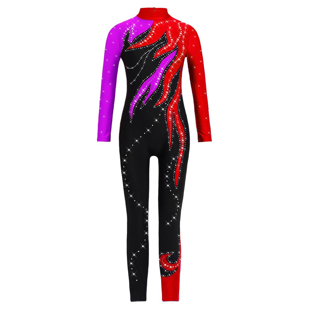 Девочки Цветной блок Гимнастический комбинезон Водолазка Длинный рукав Блестящие стразы Боди Комбинезон На все тело