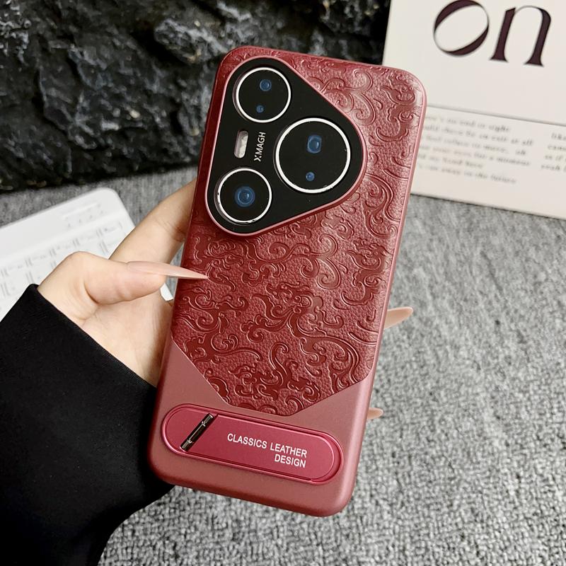 Для Huawei Pura 70 80 Pro Ultra Кожаный чехол с тисненым узором в виде дракона, металлическим держателем-подставкой, защитой от отпечатков пальцев, удобным захватом