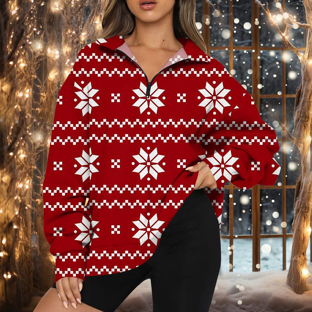 Women's Fashion Casual Long Sleeve Printed Zipper Turtleneck Drop Shoulder Sweatshirt Top