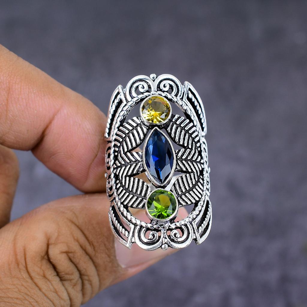Natural Blue Topaz,Peridot Gemstone Handmade 925 Sterling Silver Ring S.8 H6d96