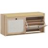 Rattan Shoe Bench with Padded Cushion and 2 Cabinets for Hidden Storage, Oak Wood Effect