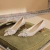 550-1 Pointed High Heels Women's 2025 Spring New Versatile Silver Crystal Wedding Shoes Thick Heel Bow Single Shoes