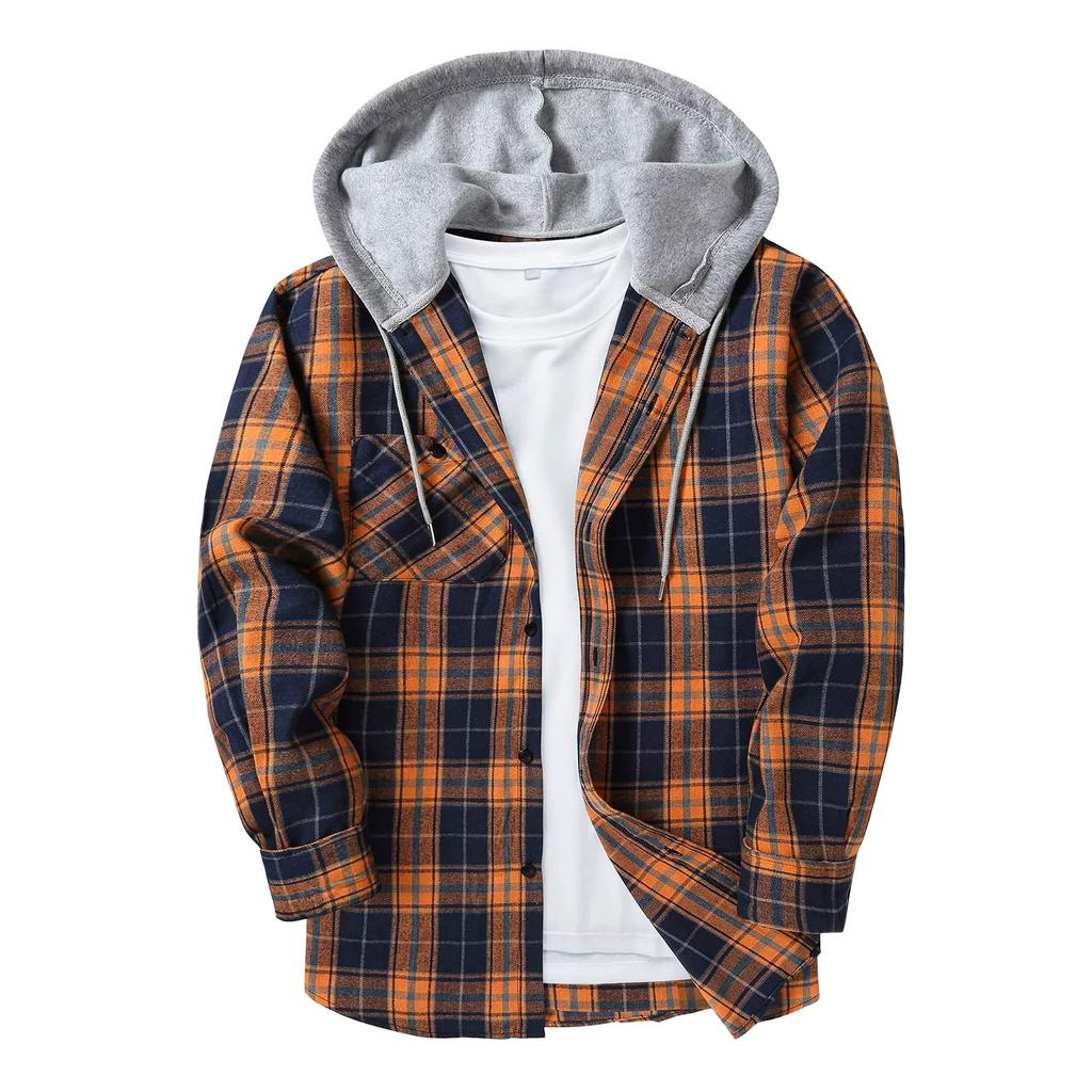 Men's Plaid Shirt Hooded Button Sweatshirt Men's Casual Fashion Sweatshirt