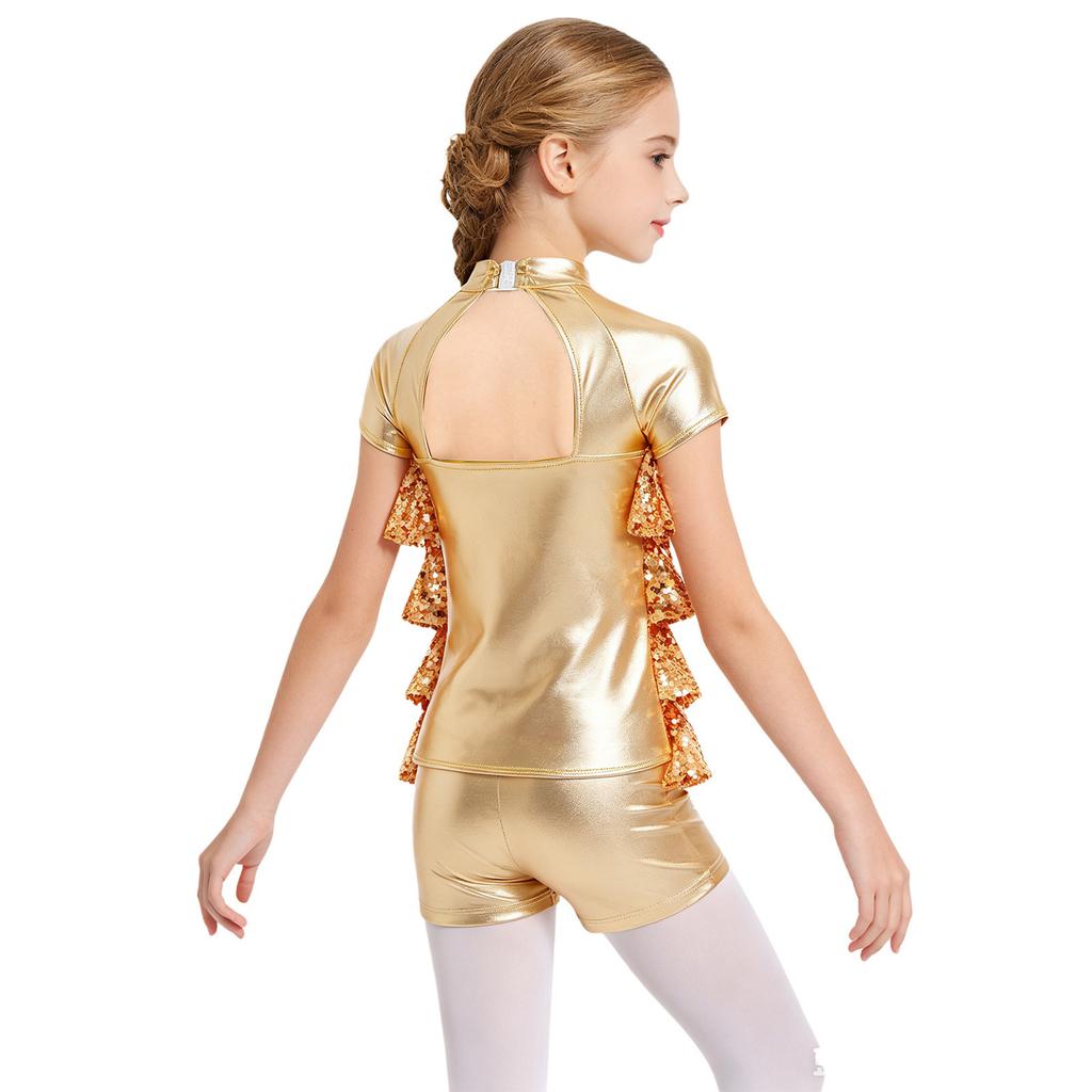 Girls Jazz Dance Costume Mock Neck Short Sleeve Tiered Ruffle Cutout Top Metallic High Waist Shorts Set