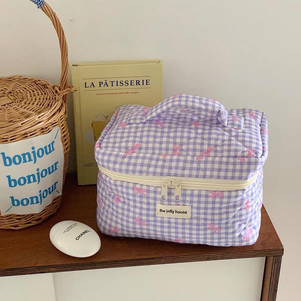 Plaid Quilted Large Capacity Makeup Bag - Soft, Portable Handbag for Students