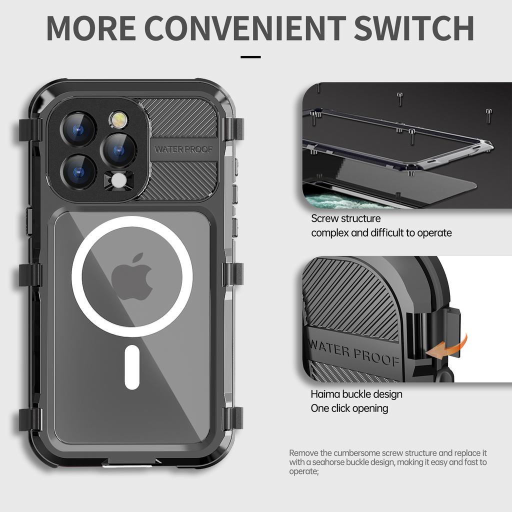 SHELLBOX M Series for iPhone 15 Pro Waterproof Case Compatible with MagSafe Aluminum Alloy IP68 Diving Case