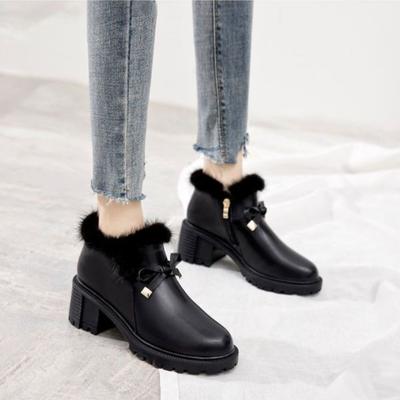 Кожаные Плюшевые Круглый Носок Бант Высокий Каблук Зимние Ботинки для Женщин New Rock Мягкий Голеностоп Готика Осень Зима 2025 Новинка в Женской Обуви