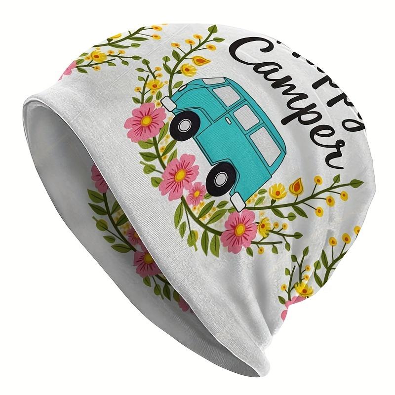 1pc Casual Outdoor Style Camping-Themed Knitted Hat - Fresh Blue-Green Cartoon Bus with "Happy Camper" Text Pattern, Durable Knitted Fabric, Comfortab