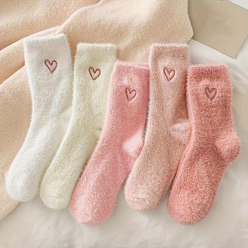 5 Pairs of Cozy Heart-Embroidered Socks - Soft, Fluffy, Mid-Calf Length, Women Autumn Winter Socks | Heart Embroidery Socks | Texture Socks