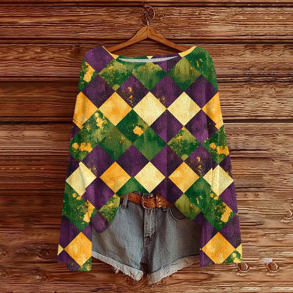 Women's Casual Fashion Round Neck Top Carnival Print Long Sleeve Knit Pullover