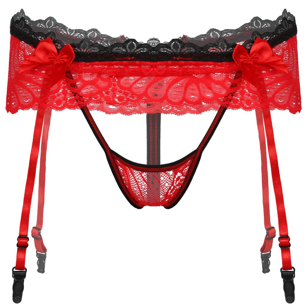 Мужские кружевные стринги с юбкой, регулируемый пояс для чулок, ажурный дизайн, эластичный пояс, вырез без выреза, Т-образная спинка, нижнее белье Sissy