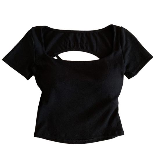 Женская футболка с квадратным воротником и коротким рукавом, с вырезом на спине, однотонная облегающая укороченная футболка, повседневная одежда