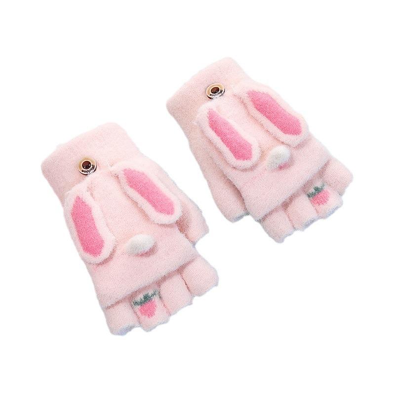 Winter Children's Knitted Finger Gloves for Boys and Girls, Warm and Piled Thickened Cartoon Half-finger Flip-top Writing Gloves