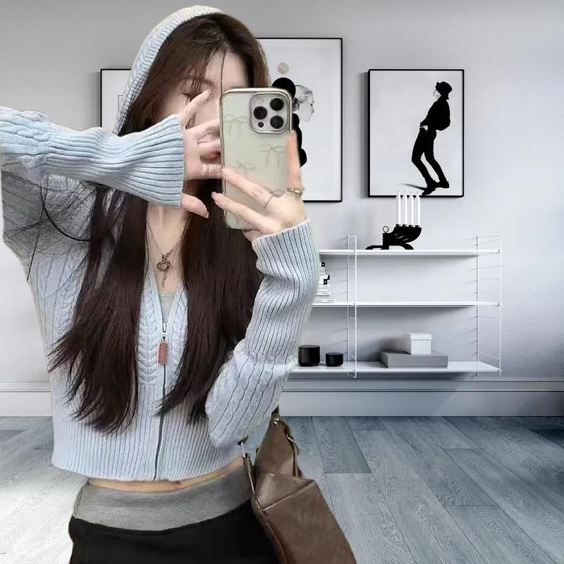 Маленький кардиган с капюшоном, вязаный косичкой, женский, весенний, новый, облегающий и тонкий, короткий свитер-жакет, топ