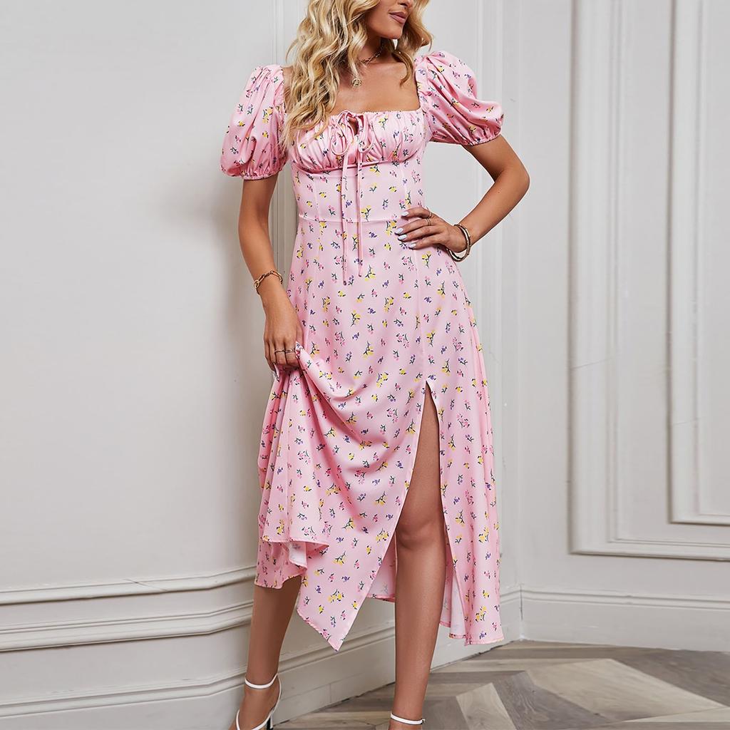 Women's Fashion Casual Sexy Printed Bubble Short-Sleeved Smocked Hem Split Dress