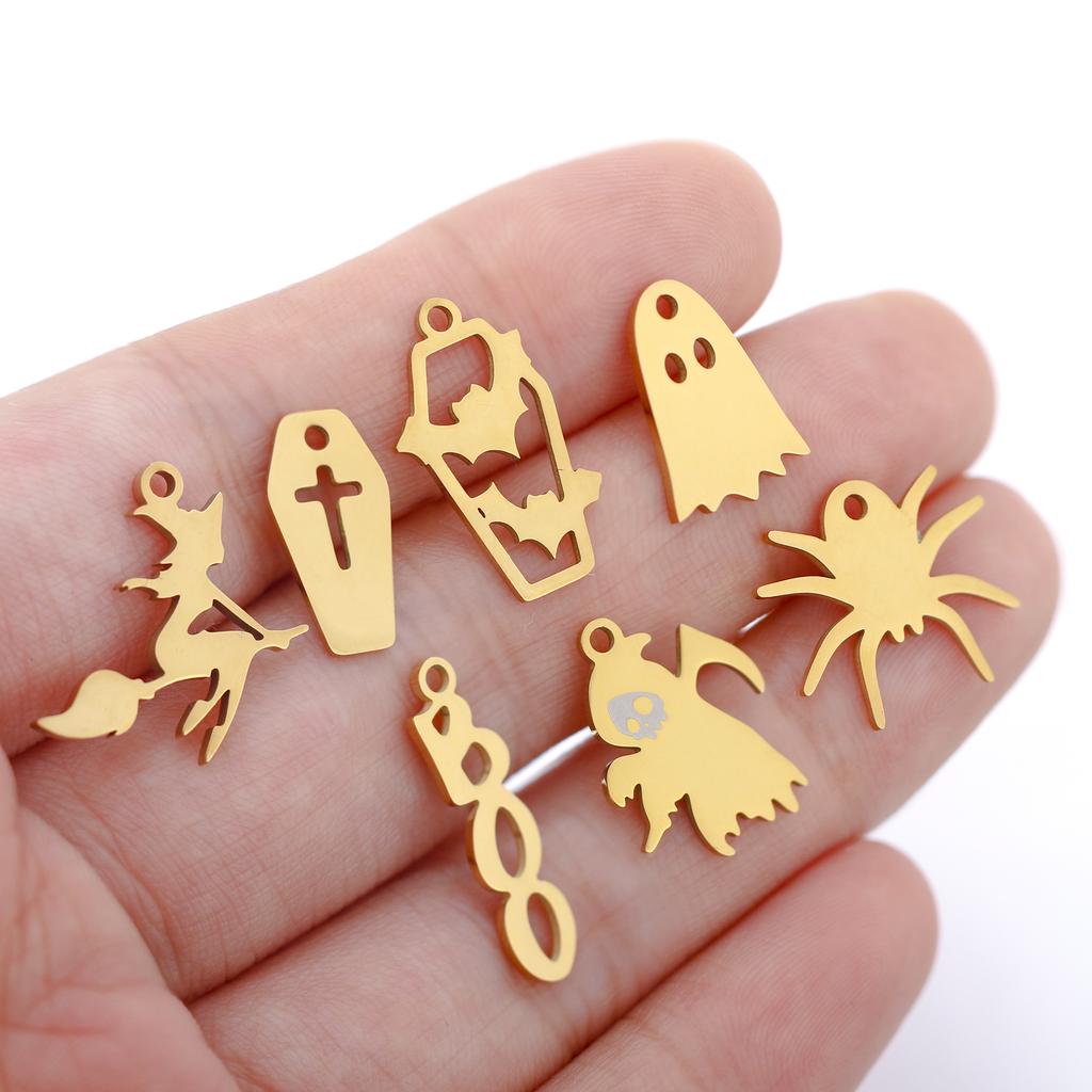 5Pcs/Lot Hollow Halloween Theme Charms Stainless Steel Skull/Pumpkin/Vampire Bat/Witch/Spider/Ghost Pendants For Jewelry Makings