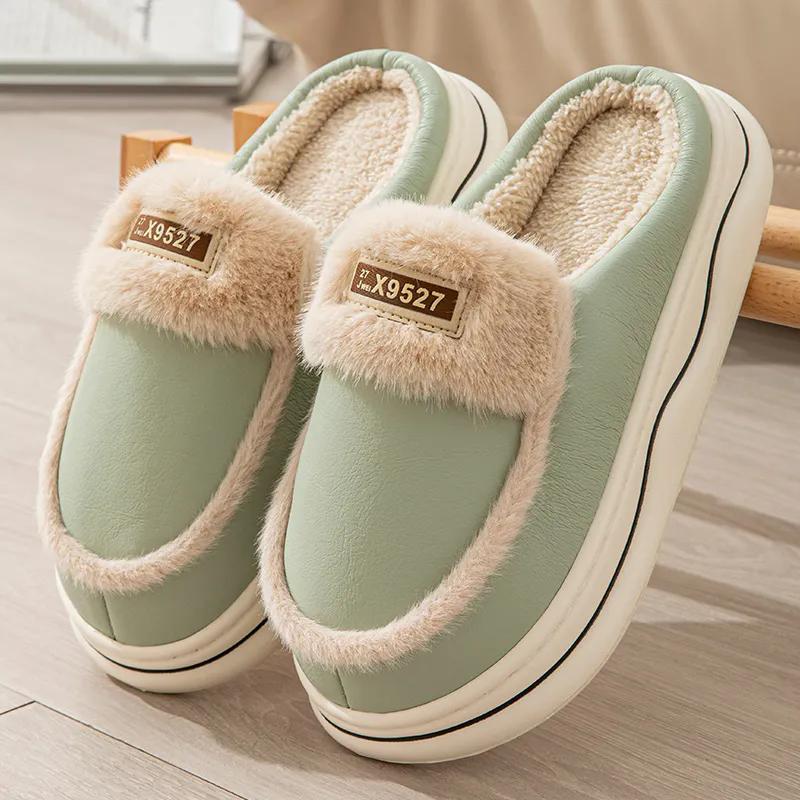 WTEMPO Пара ПУ толстый плоский каблук плюшевые теплые домашние тапочки искусственная кожа закрытый носок осенне-зимние хлопковые тапочки