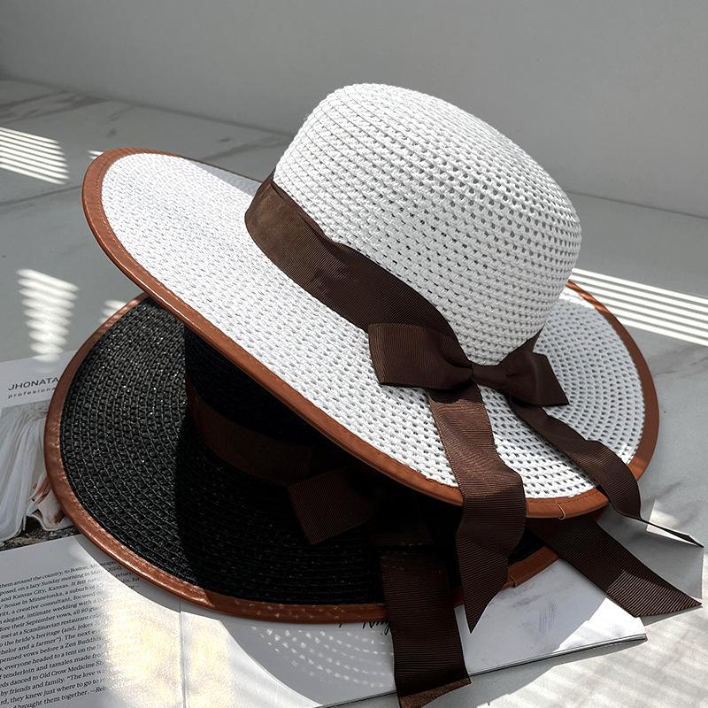 New big brim straw hat women's summer sunshade versatile bow seaside beach sunscreen straw sunscreen sun hat