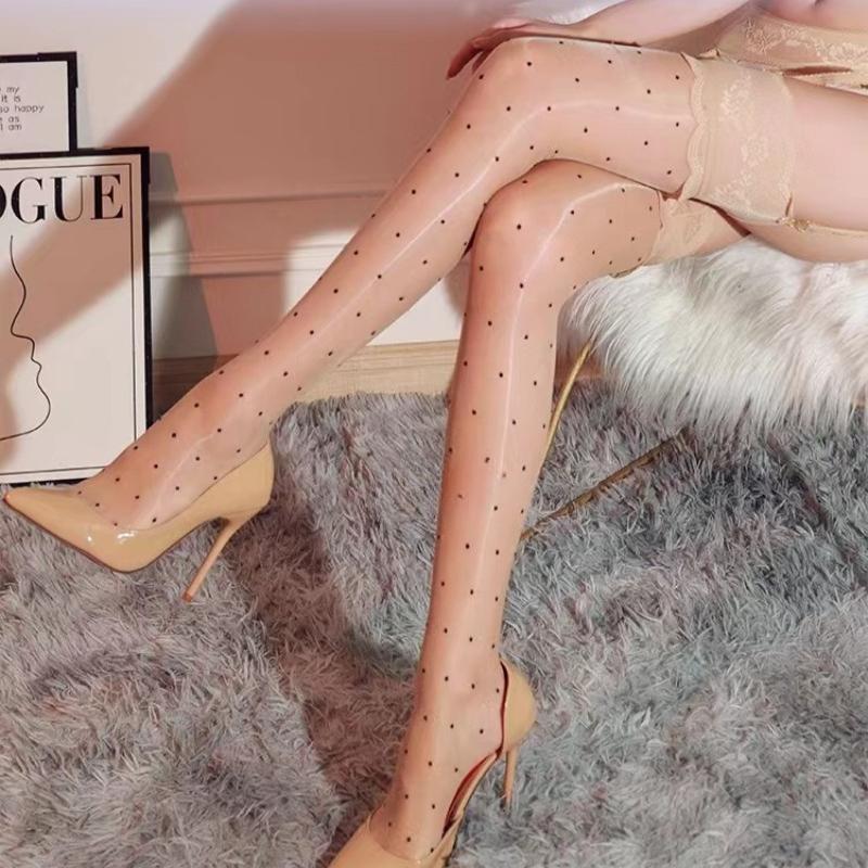 Сексуальные кружевные чулки до бедра с лошадиным маслом, женские чулки телесного цвета, клубные, интернет-знаменитость, пионово-белые чулки в горошек