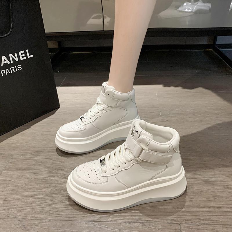 Новые женские кеды для скейтборда 2024 года, модные высокие кеды на толстой подошве, удобные кожаные женские белые кеды на шнуровке