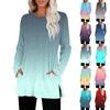 Women's Gradient Printed Round-neck Long-sleeved Top With Pockets And Side Slits