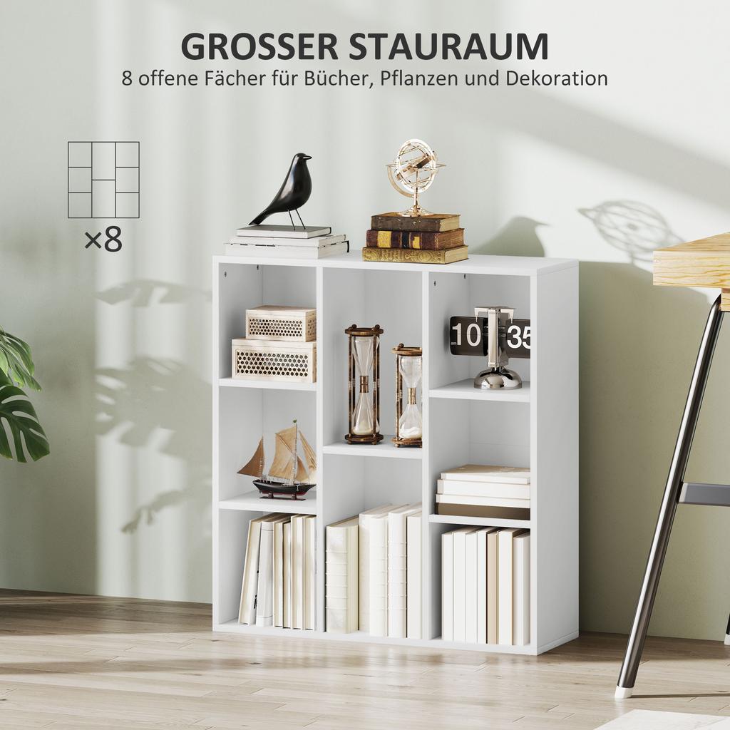 3-Tier Bookshelf, 8 Compartments, Particleboard, Storage Shelf, White