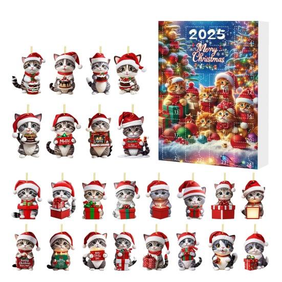 Cat Advent Calendars 2025 2D Acrylic Cute Cat Ornaments 24 Days Christmas Countdown Calendar Holiday Tree Hanging Decoration for Cat Lovers