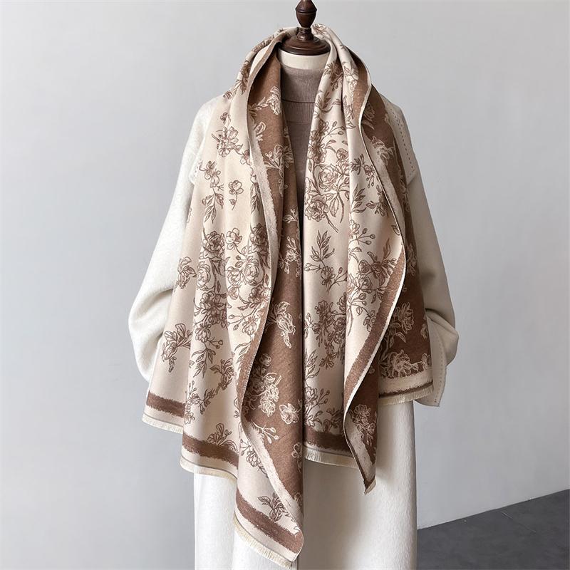 Winter Women's Retro Warm Shawl Elegant Floral Scarf Women Thick Blanket Wrap Tassel Female Long Scarf