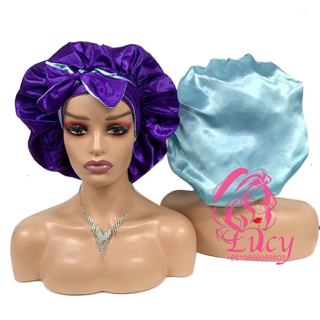 FREE SAMPLE Satin Bonnets Sleeping Caps Double Layer Women Silk Durags Head Tie Headband Designer Hair Bonnet With Custom logo