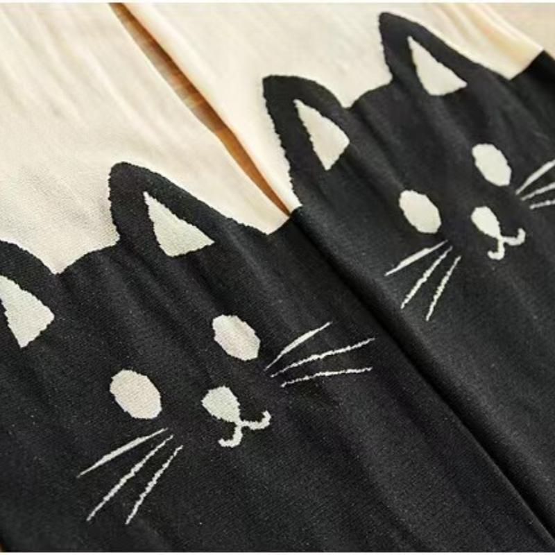 Women Cute Black Cat Printed Silk Knee Socks Casual Thigh Cotton Warm High Over Knee Socks Cute Romantic Socks Lady Cat