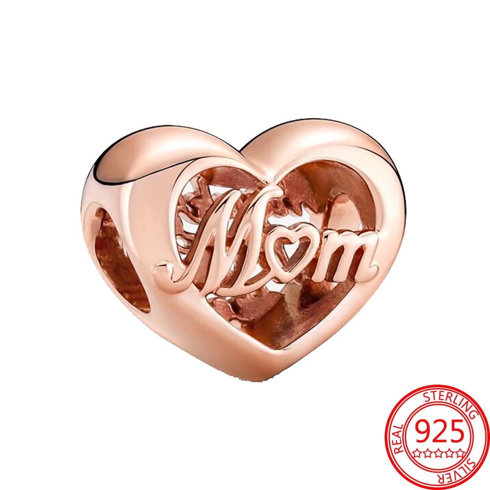 Классическое серебро 925 пробы, розовое золото, сердце, спасибо, мама, сердце, подвеска, подходит для модного браслета, ювелирные изделия для мамы, подарок на день рождения
