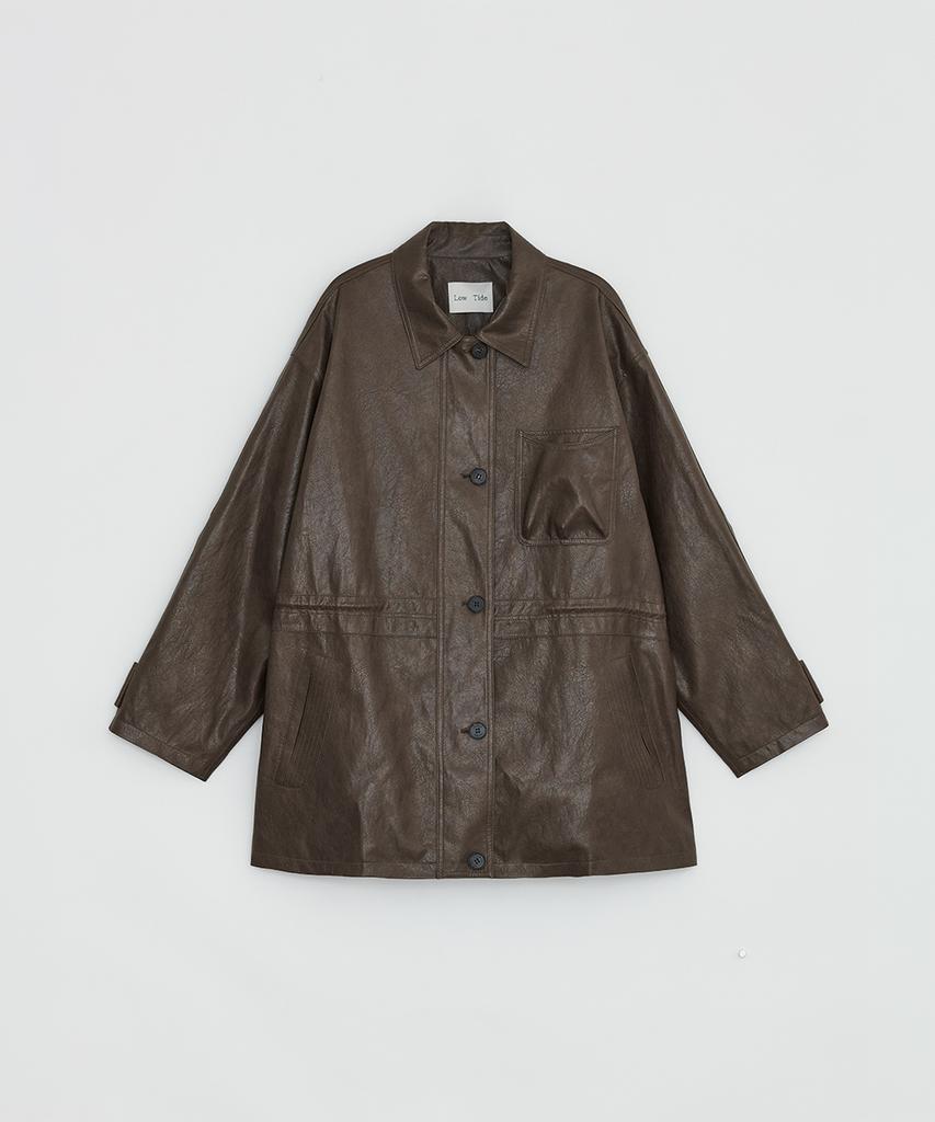 LOW TIDE Drawstring Leather Half Jacket [Brown]