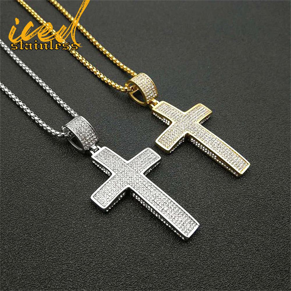 316L Iced Stainless Titanium Steel Classic Cross Pendant Necklaces for Men Women No Fade Punk Rock Hip Hop Jewelry