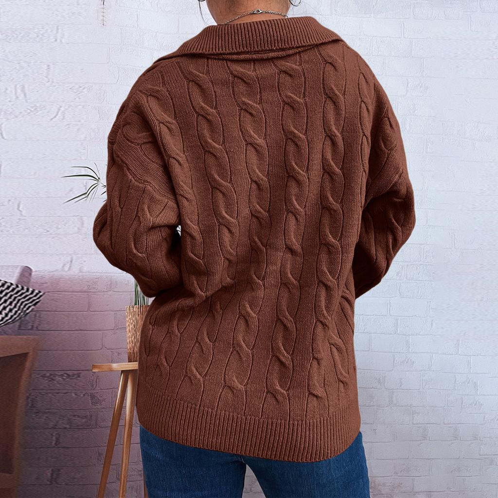 Women's Fashion Casual Loose Semi-Retro Cable Lapel Long Sleeve Knit Sweater Pullover