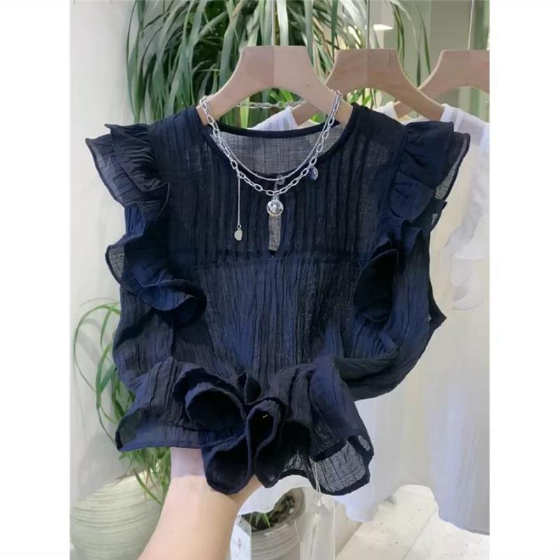 Белые блузки для женщин Blusas Mujer De Moda без рукавов с круглым вырезом свободные рубашки с оборками свободные винтажные летние блузки топы женские
