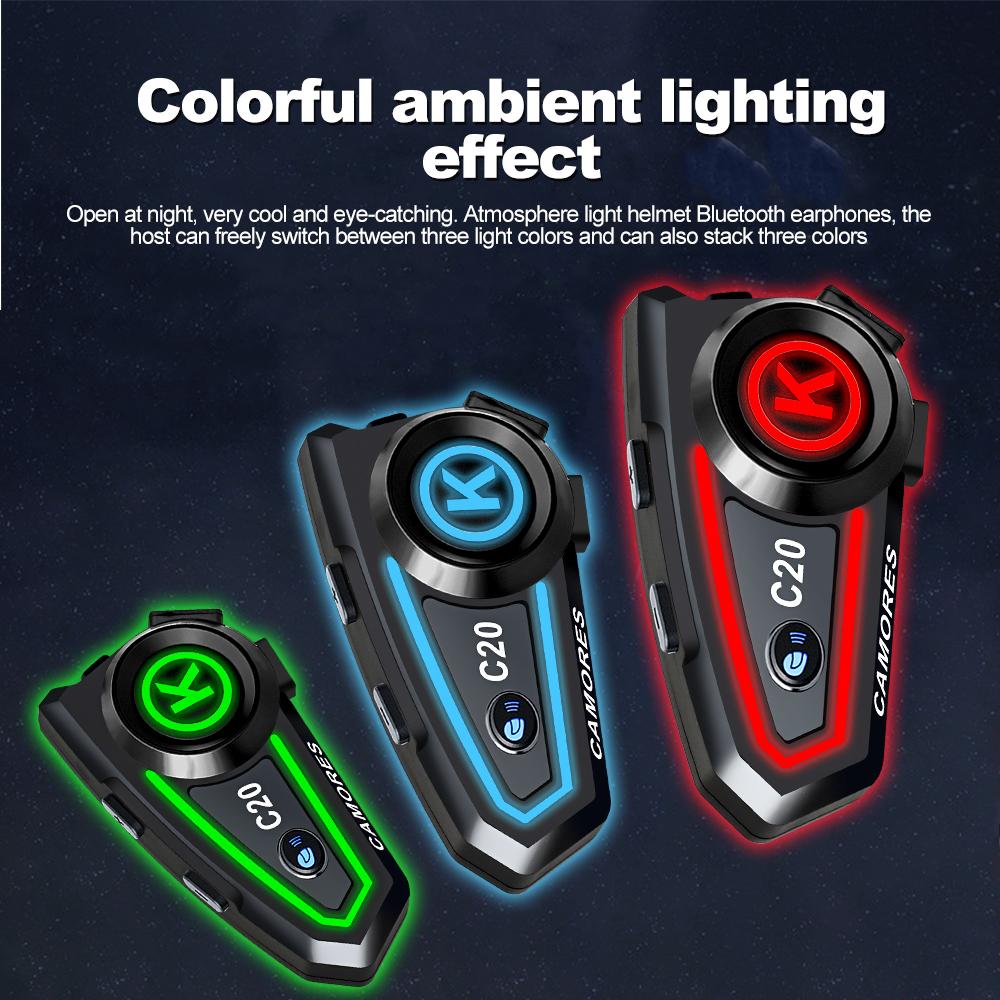 C20 Мотоциклетный шлем гарнитура стерео Bluetooth Hands Free Звонок IPX6 Водонепроницаемый 1200mAh с трехцветной подсветкой