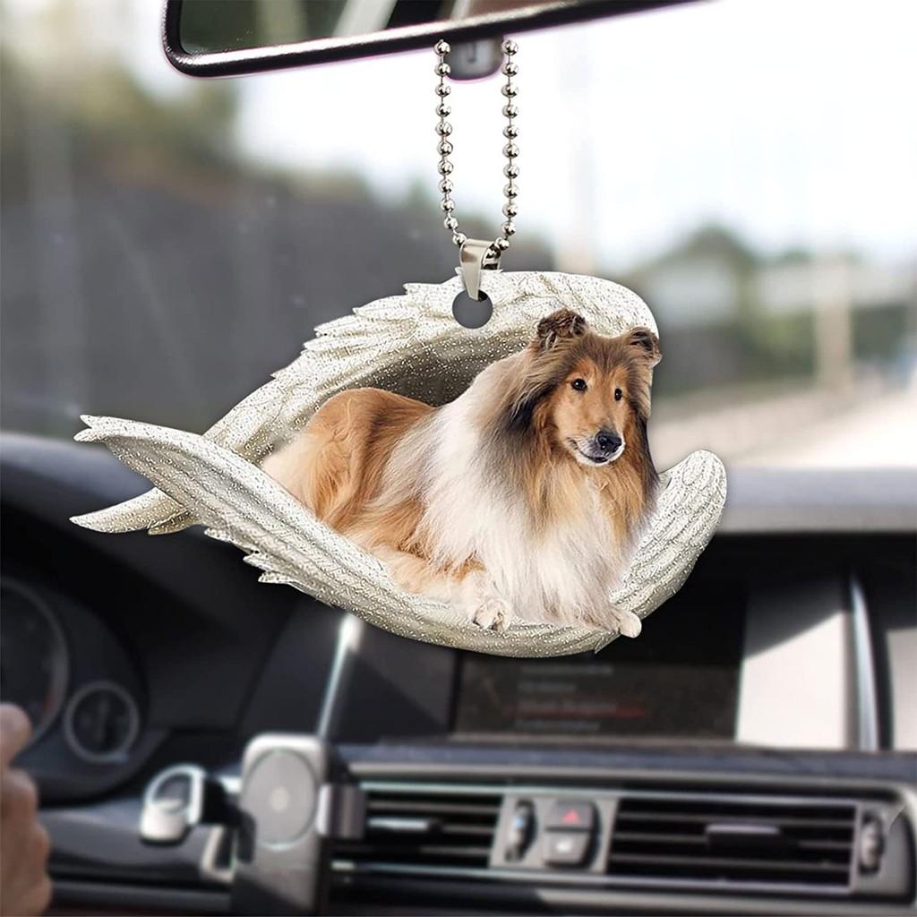 Cute Acrylic Car Mirror Pendant With Angel Wings Perfect For Dog Lovers Gifts