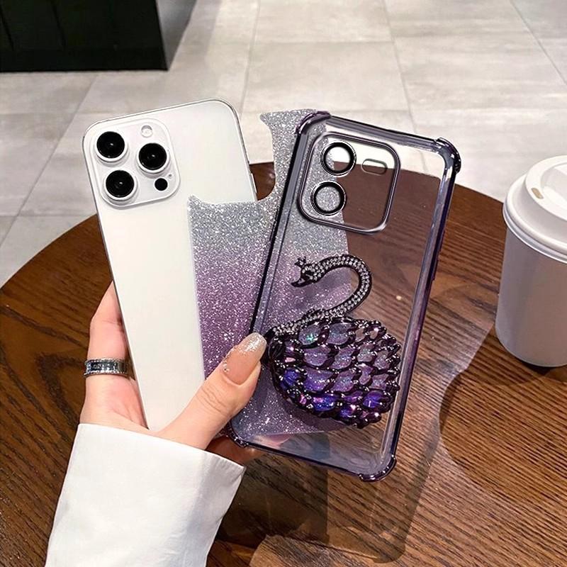 Подходит для Apple 17 держатель-лебедь со стразами, чехол для мобильного телефона с защитой от падения по углам iPhone16proMax милый защитный чехол