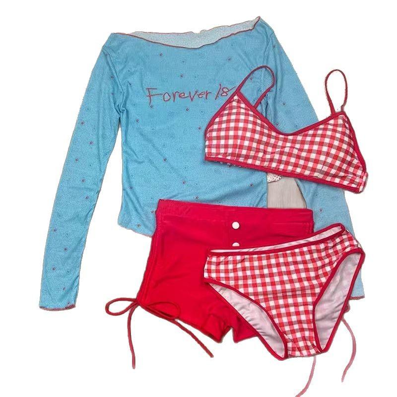 1011 new swimsuit dopamine sweet plaid wear split bikini four-piece set pure desire long-sleeved blouse