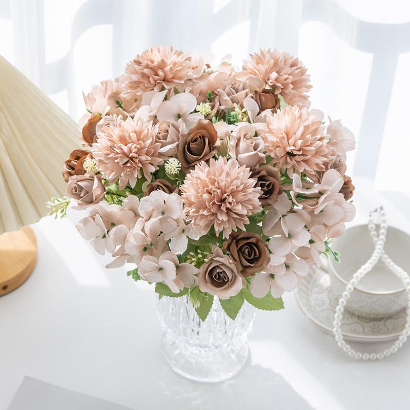 Artificial Fake Flower Bouquet Rose & Hydrangea Silk Flowers for Home Vase Bridal Shower Decor Photo Studio Floral Props