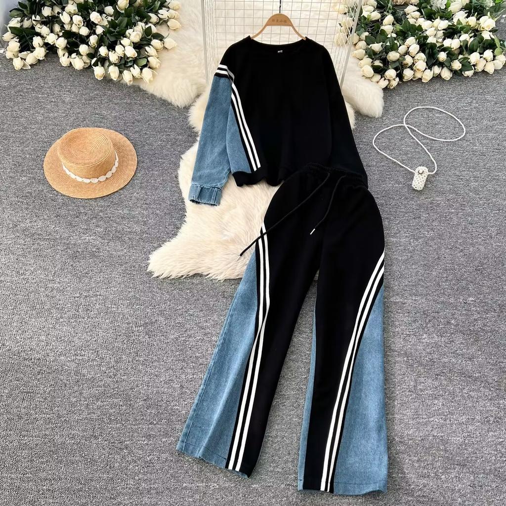 Autumn Spring Casual Sports Suits Women O-Neck Basic Tops+Drawstring Long Pants Denim Splice Korean Style Sporty 2pcs Sets