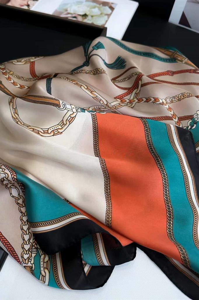 Satin Scarf 70x70 - Beige with Chain and Stripe Pattern
