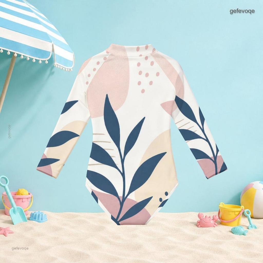 Girls High Neck Long Sleeve Front Zip Leaf Printed One Piece Swimsuit