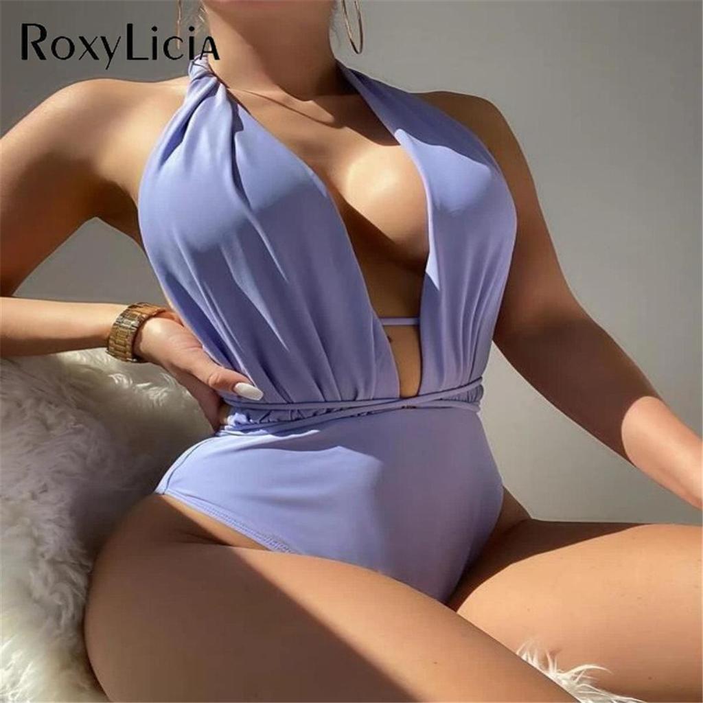 Цельный купальник с лямкой на шее и глубоким v-образным вырезом, женский купальник, женский монокини с открытой спиной, купальный костюм, купальный костюм для леди